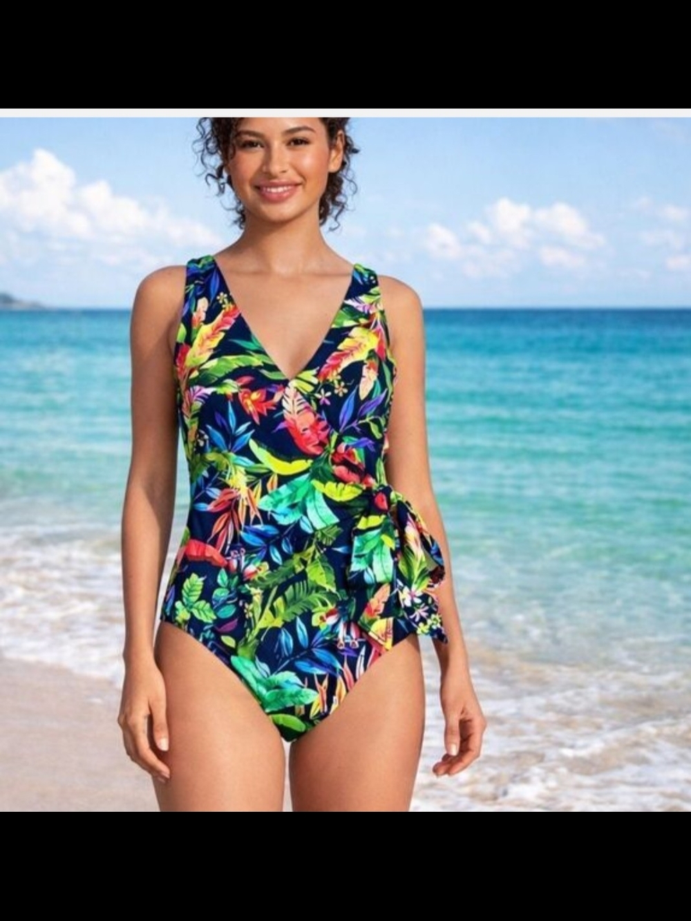 This Lands End Women's Tropical Floral Wrap One Piece Swimsuit in Navy Blue 8